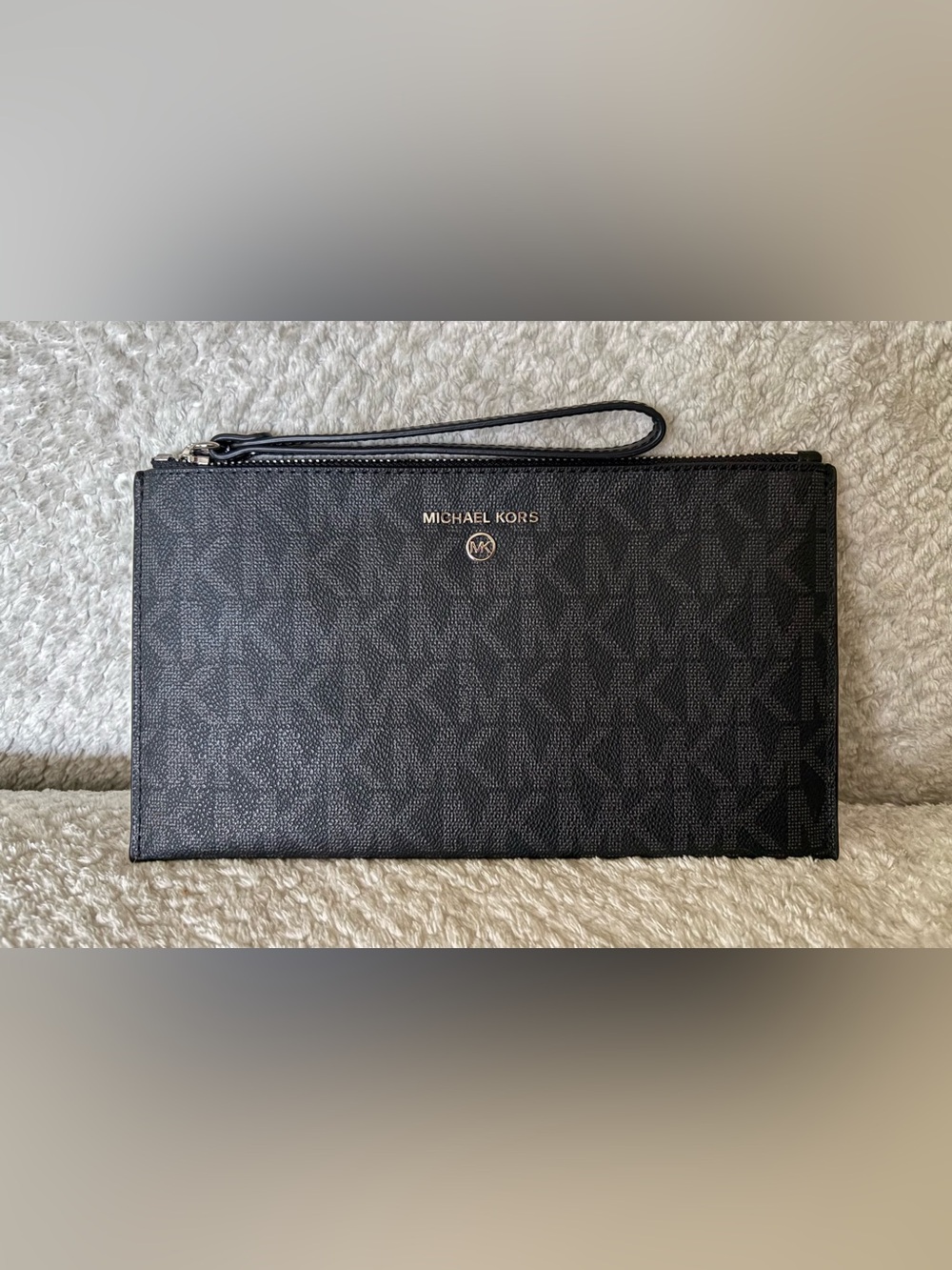 Michael Kors Black Pebbled Leather Wristlet with Gold Logo